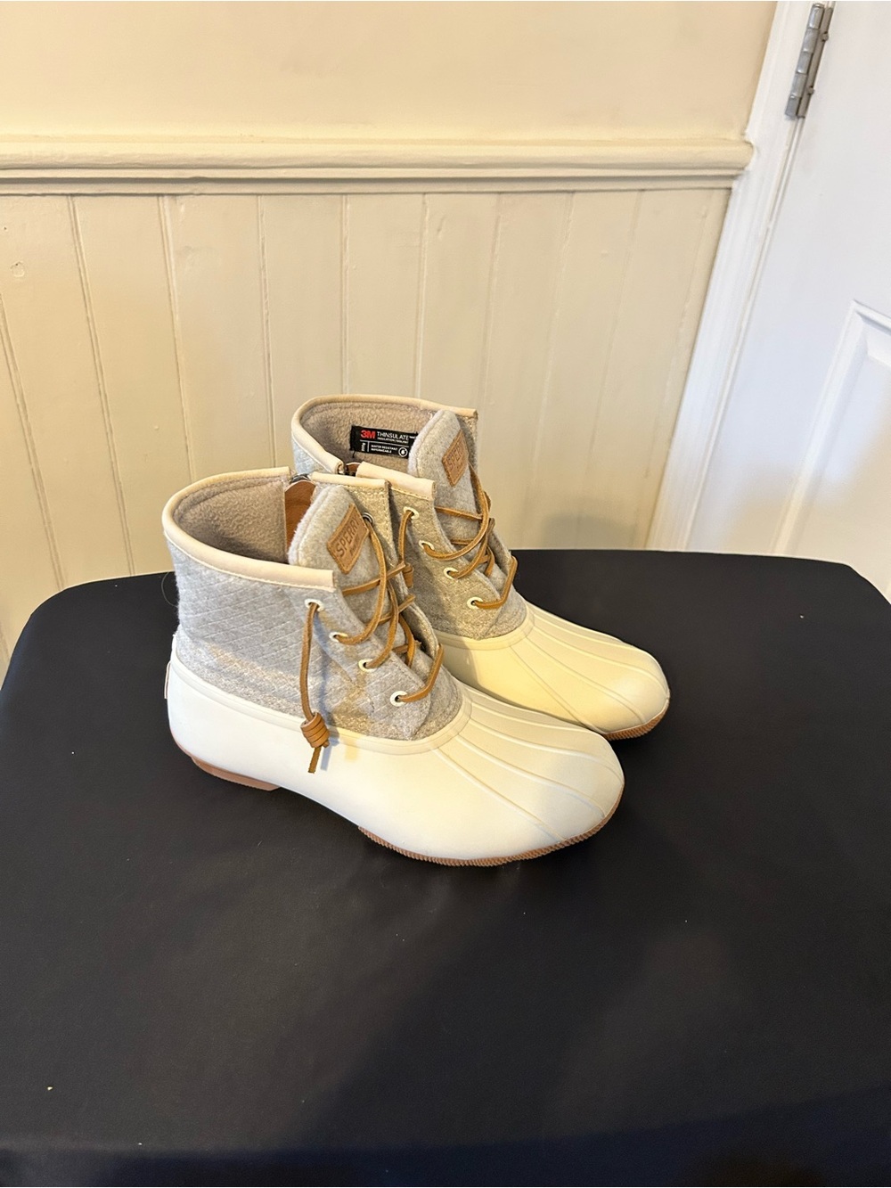 Sperry Saltwater Embossed Wool Duck Boots/Off White-Tan/7.5/EUC